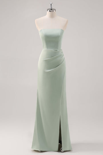 Simple Sirène Satin Sans Bretelles Vert Sauge Robe de demoiselle d’honneur avec fente